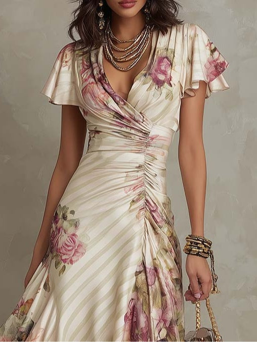 Alba™ | Elegantes Midikleid aus Retro-Satin mit Blumenmuster