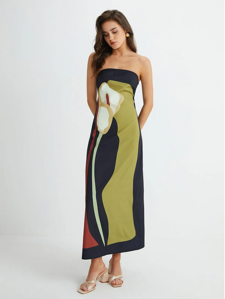 Trägerloses langes Kleid mit Colour Blocking