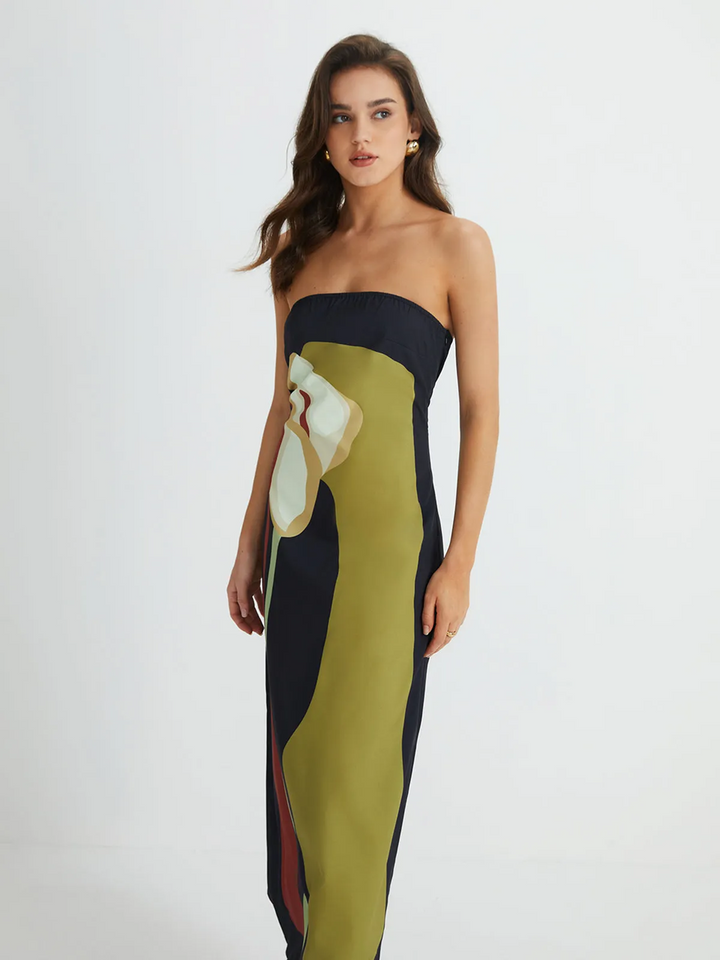 Trägerloses langes Kleid mit Colour Blocking