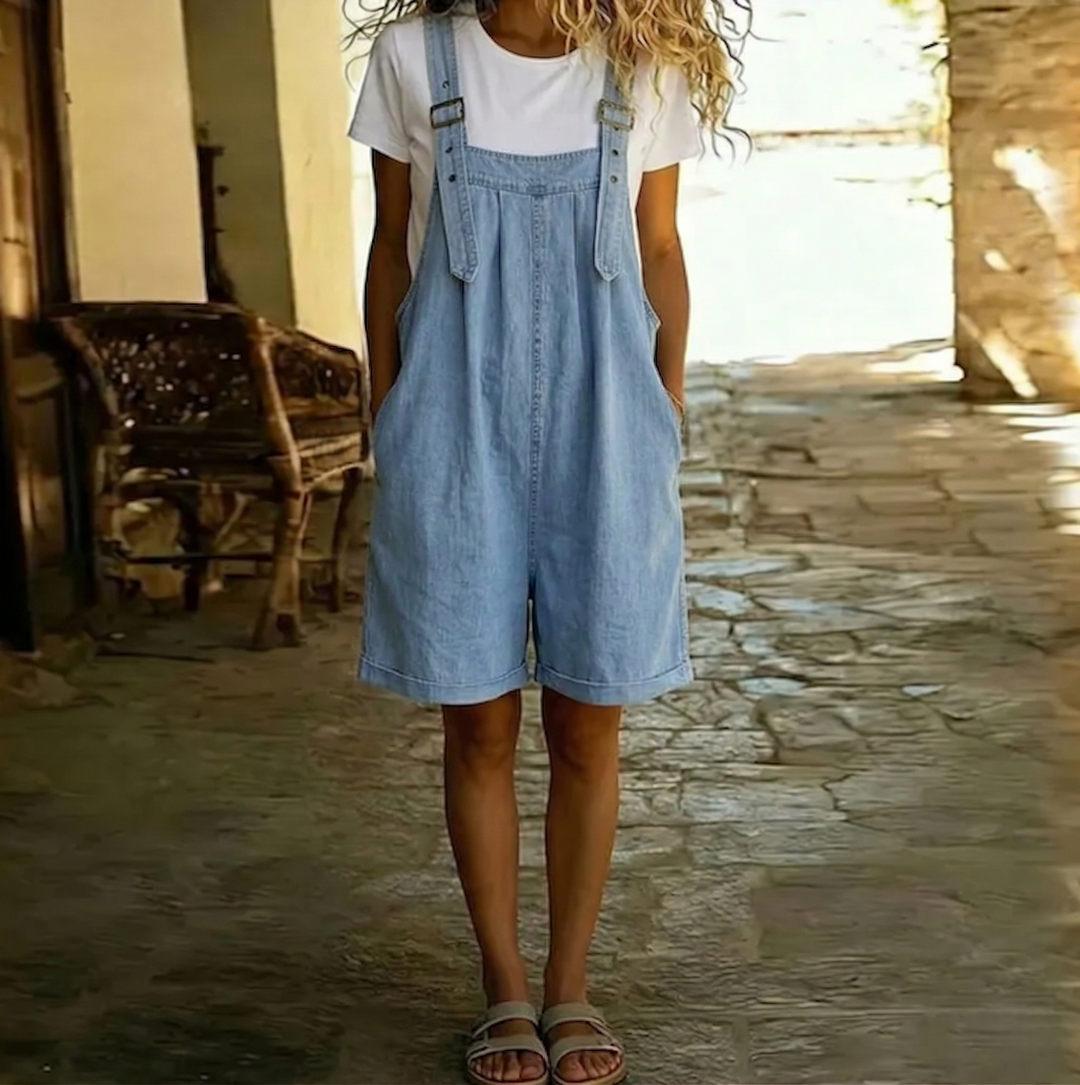 Clara | Vintage Washed Soft Cotton Feel Denim Short Overall Hellblau