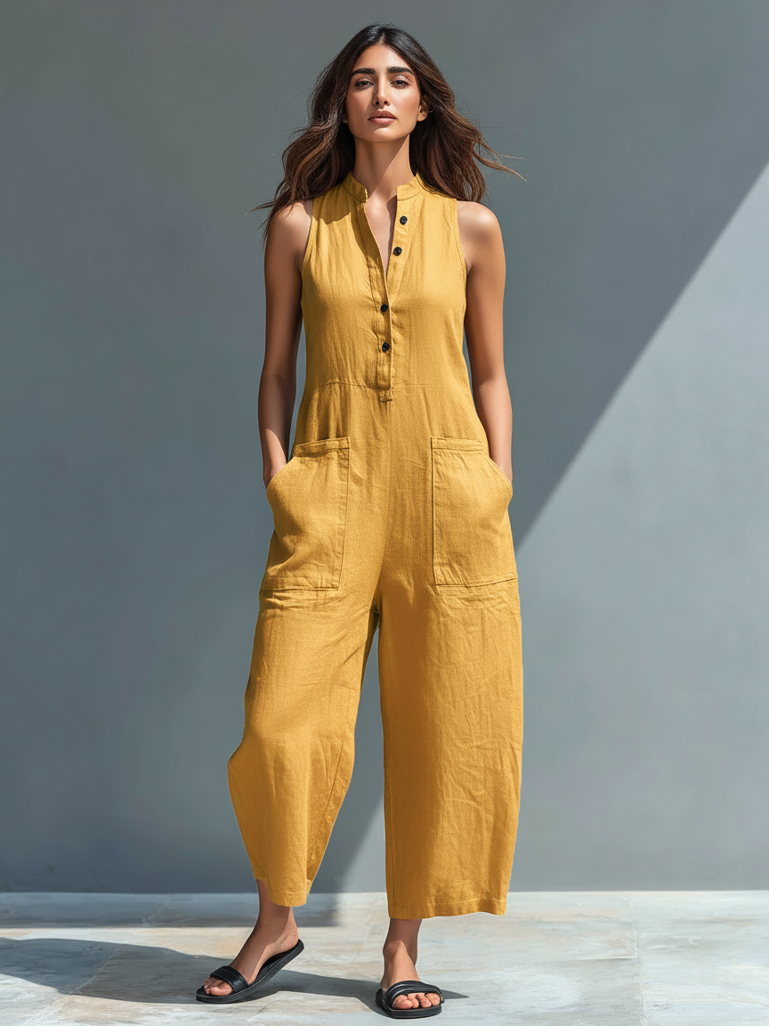 Ärmelloser Jumpsuit für Damen mit hohem Kragen und Knöpfen