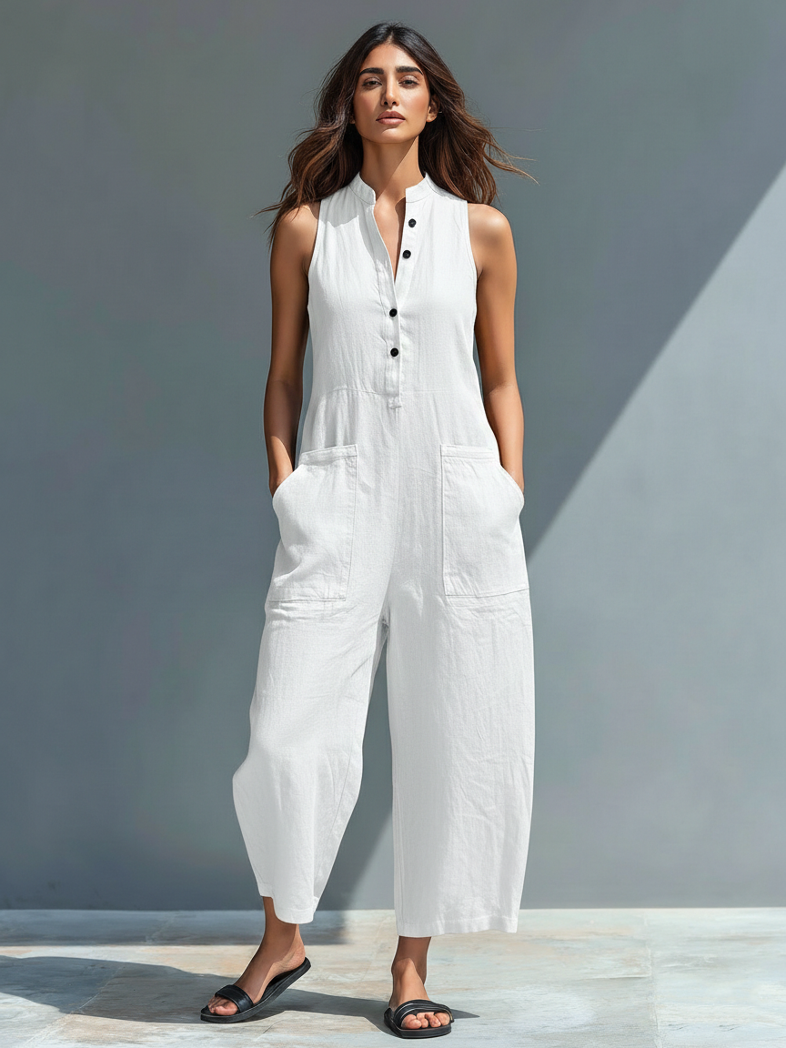 Ärmelloser Jumpsuit für Damen mit hohem Kragen und Knöpfen