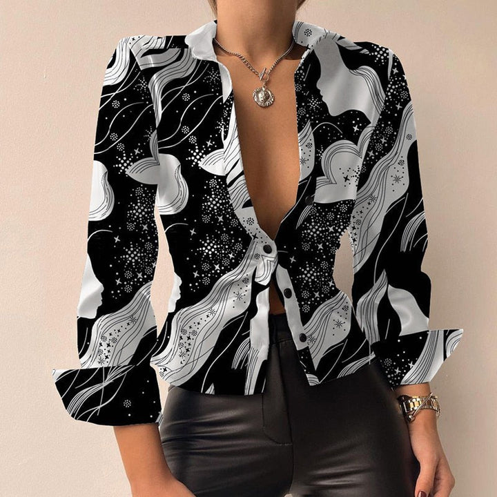 Silvia | V-Ausschnitt PU-Leder bedruckt Langarm Patchwork-Bluse
