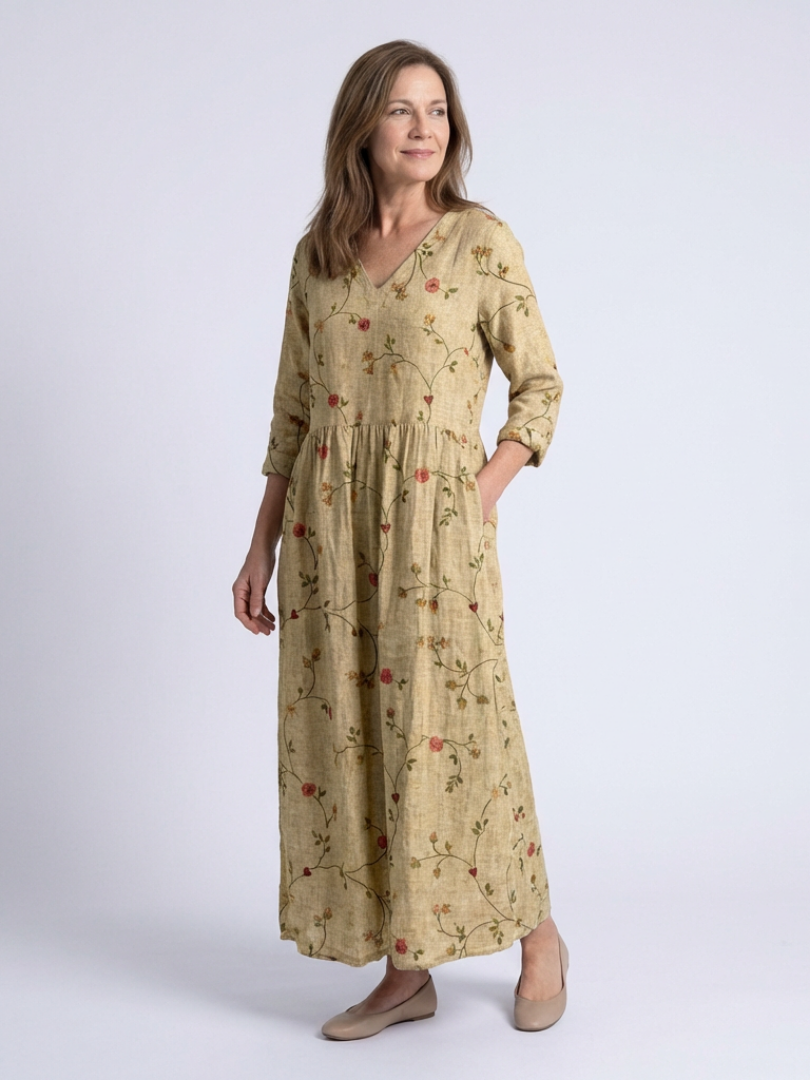 Marina | Floral V-Ausschnitt Dreiviertel-Ärmel Maxikleid