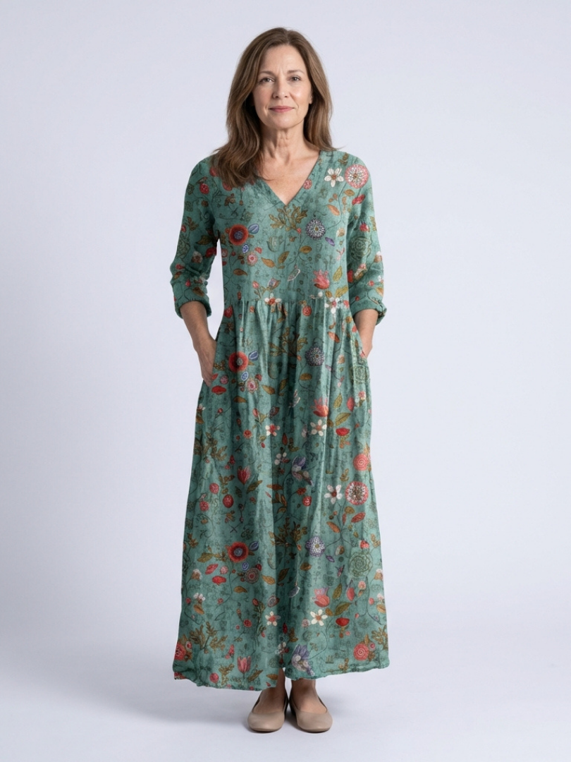 Marina | Floral V-Ausschnitt Dreiviertel-Ärmel Maxikleid