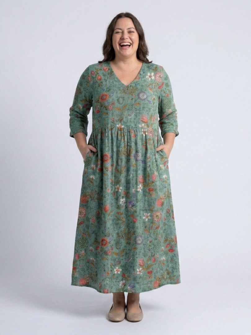 Marina | Floral V-Ausschnitt Dreiviertel-Ärmel Maxikleid