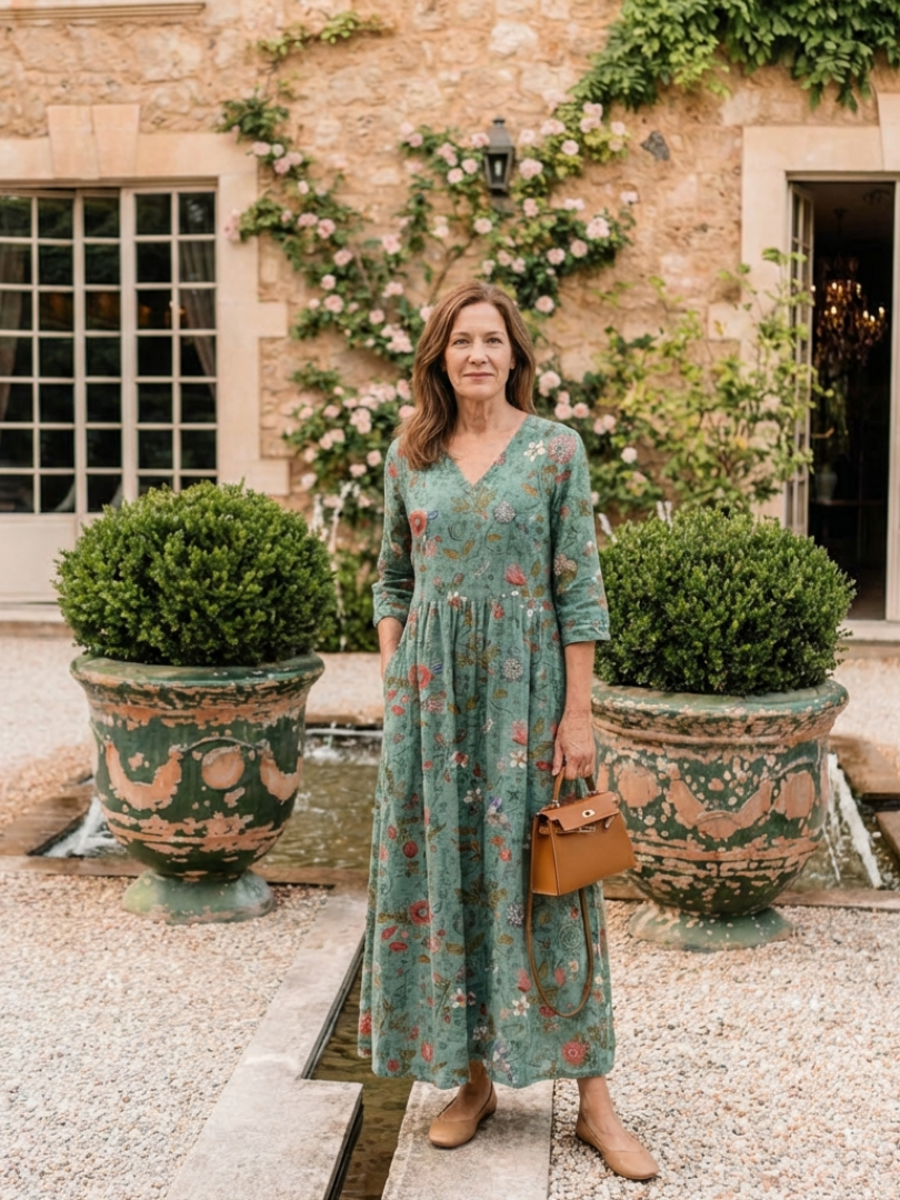 Marina | Floral V-Ausschnitt Dreiviertel-Ärmel Maxikleid