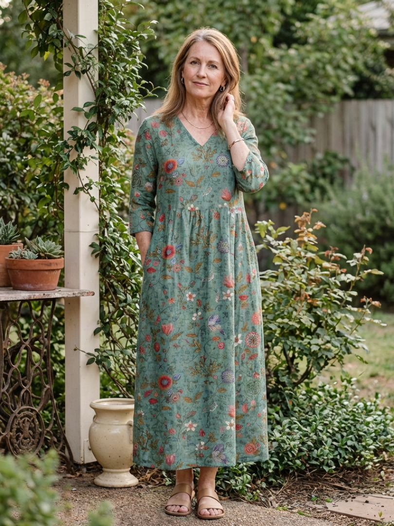 Marina | Floral V-Ausschnitt Dreiviertel-Ärmel Maxikleid