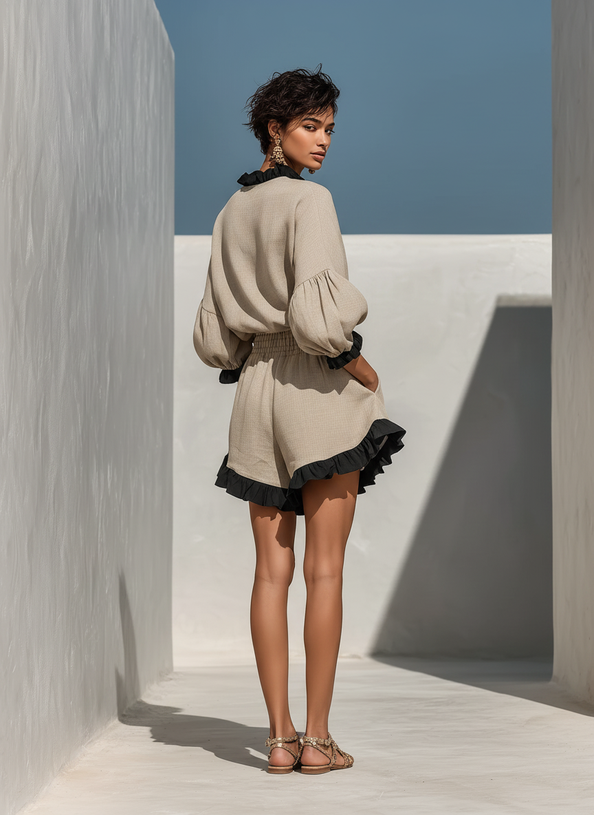 Beigefarbene Bluse und Shorts mit Rüschenbesatz aus Leinen