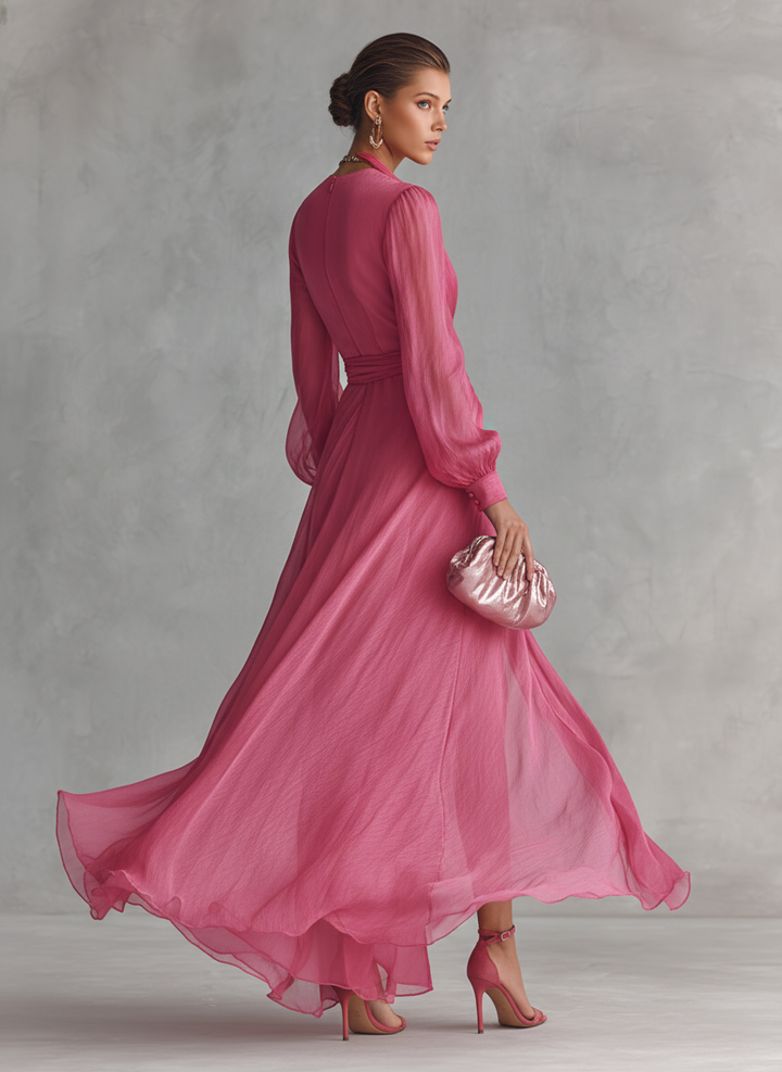 Elegantes langes Kleid aus rosa Chiffon mit Perlen und V-Ausschnitt für Frauen