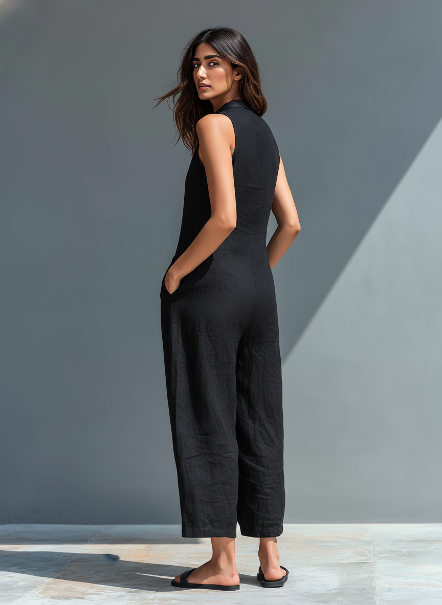 Ärmelloser Jumpsuit für Damen mit hohem Kragen und Knöpfen