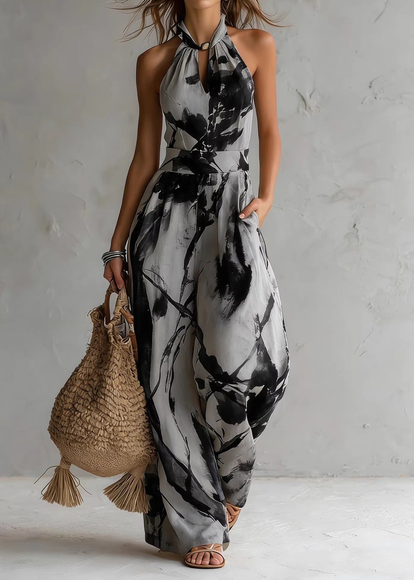 Hanabi | Jumpsuit mit Ink-Wash-Print und weitem Bein