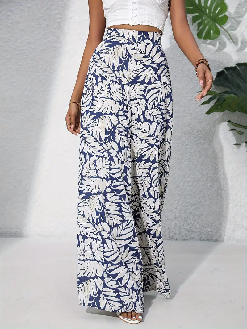 Florale Hose mit weitem Bein, leicht, hohe Taille