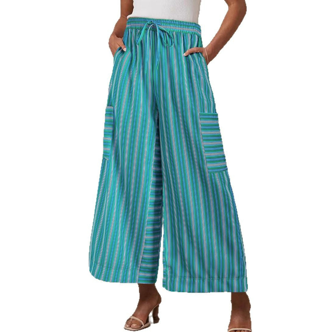 Leichte, gestreifte Hose mit weitem Bein, elastischer Taille und Kordelzug