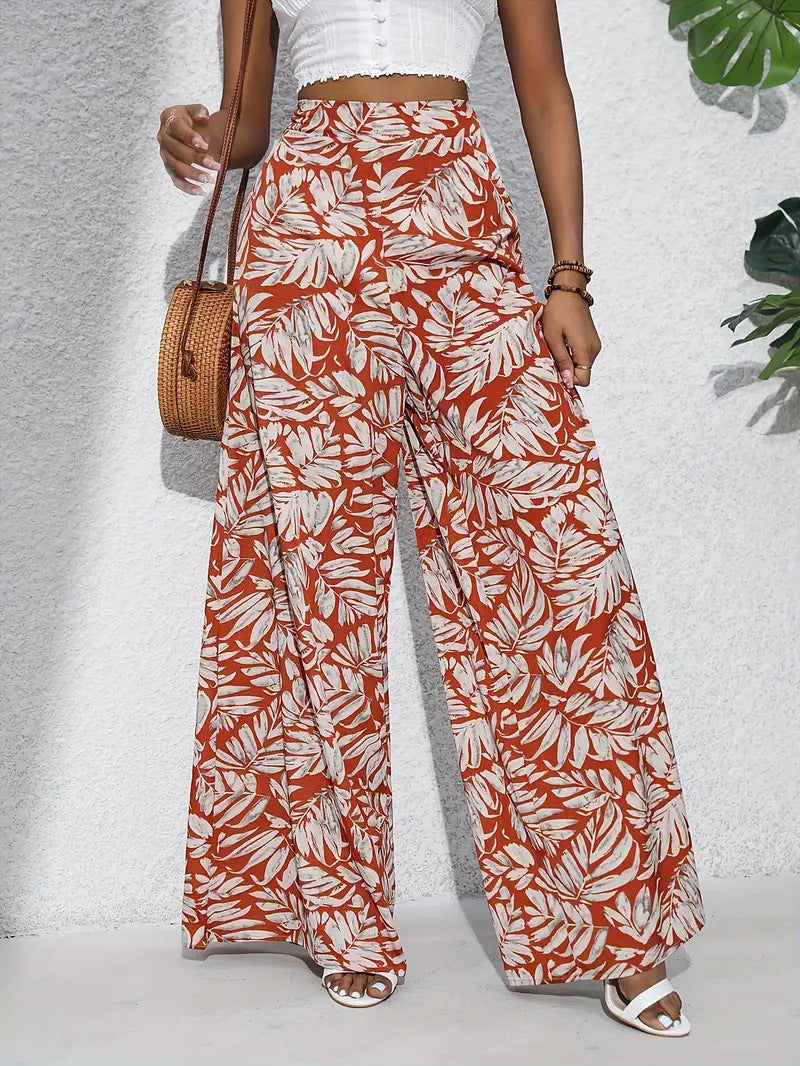 Florale Hose mit weitem Bein, leicht, hohe Taille