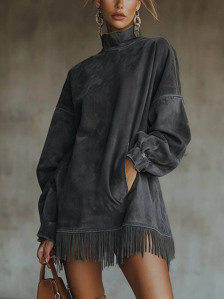 Sophia™ | Hochgeschlossenes Wildleder-Fransen-Minikleid