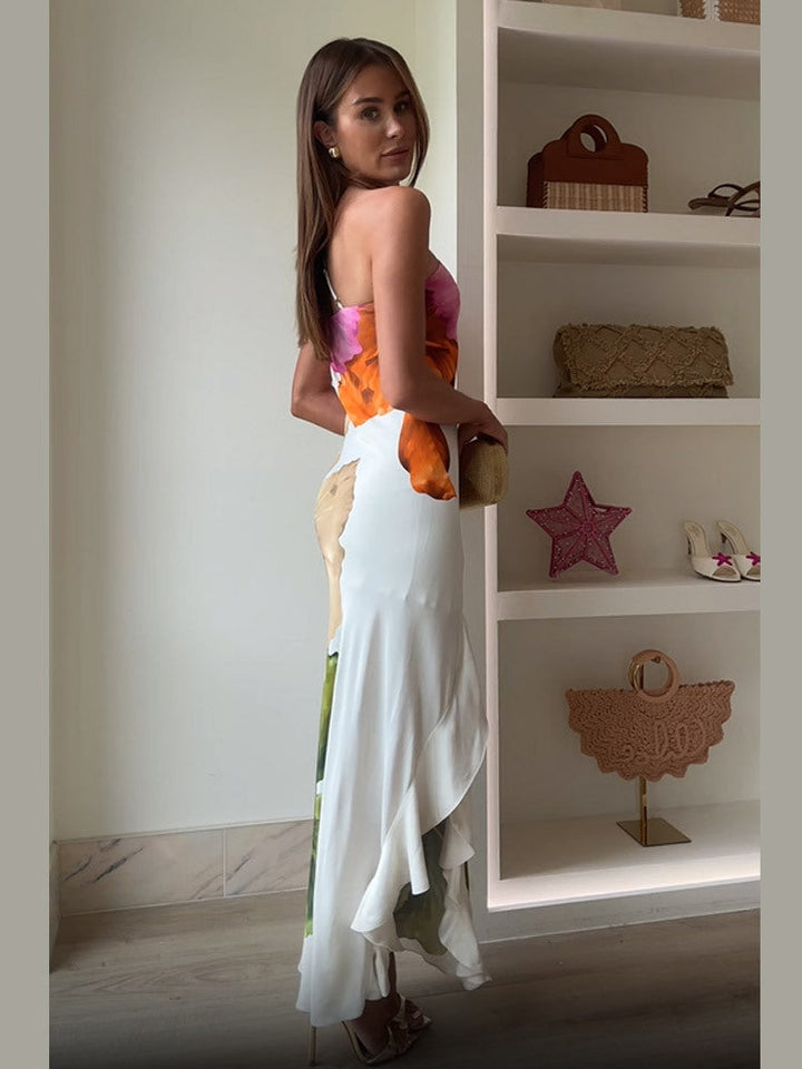 Schulterfreies langes Kleid mit Schlitz und Blumendruck