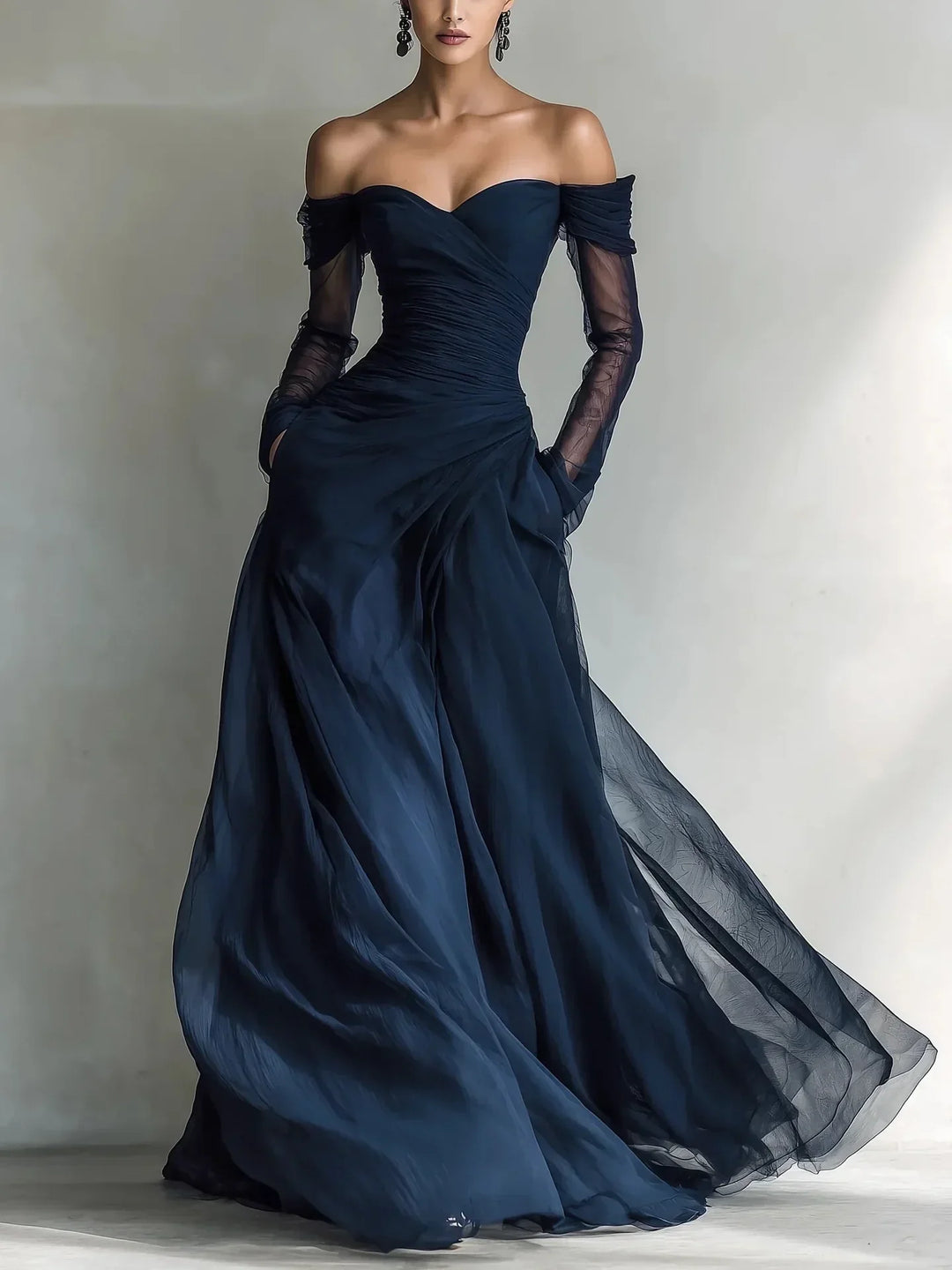Eleonora™ | Langes Kleid mit offenen Schultern und Netzeinsätzen