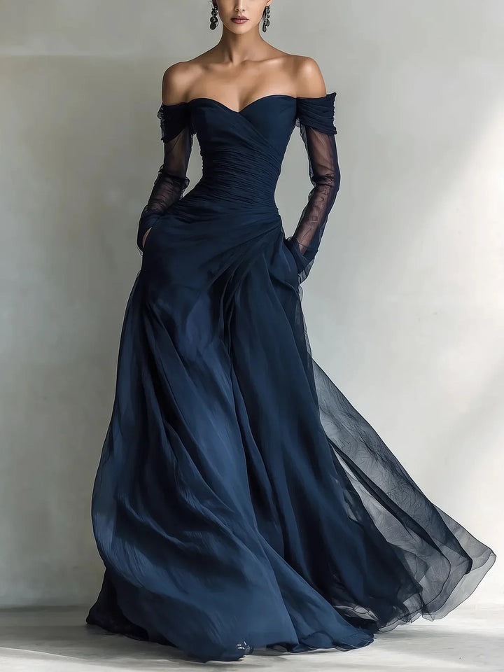 Eleonora™ | Langes Kleid mit offenen Schultern und Netzeinsätzen