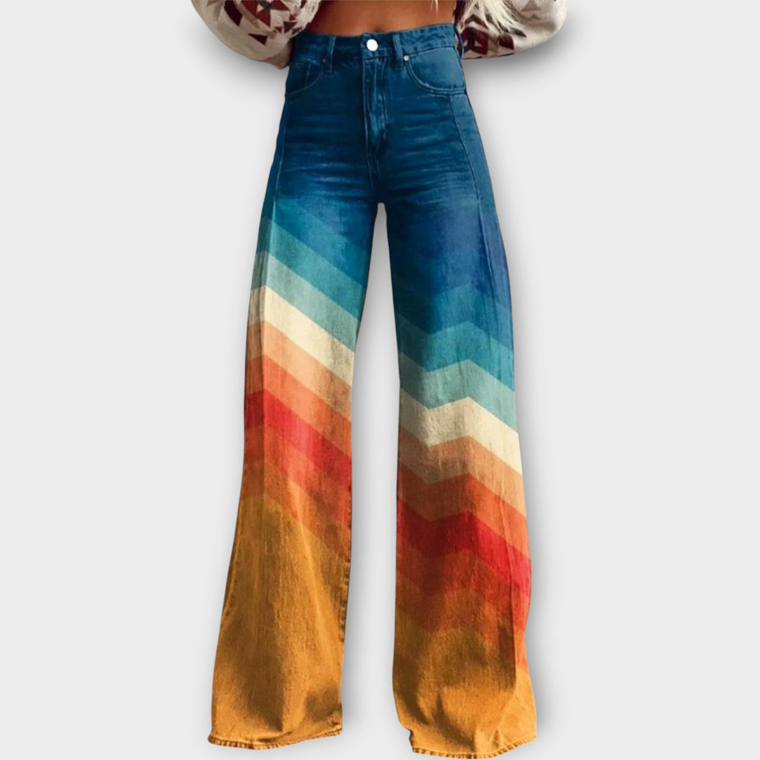 Jeans mit bunten, geometrischen Mustern