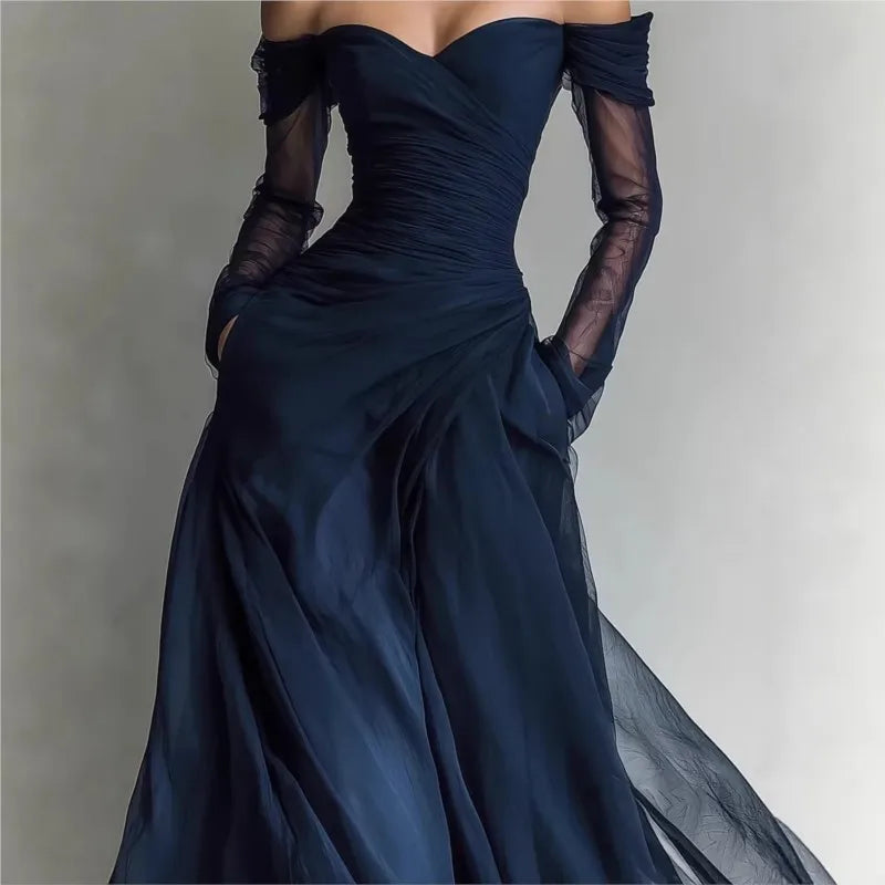 Eleonora™ | Langes Kleid mit offenen Schultern und Netzeinsätzen
