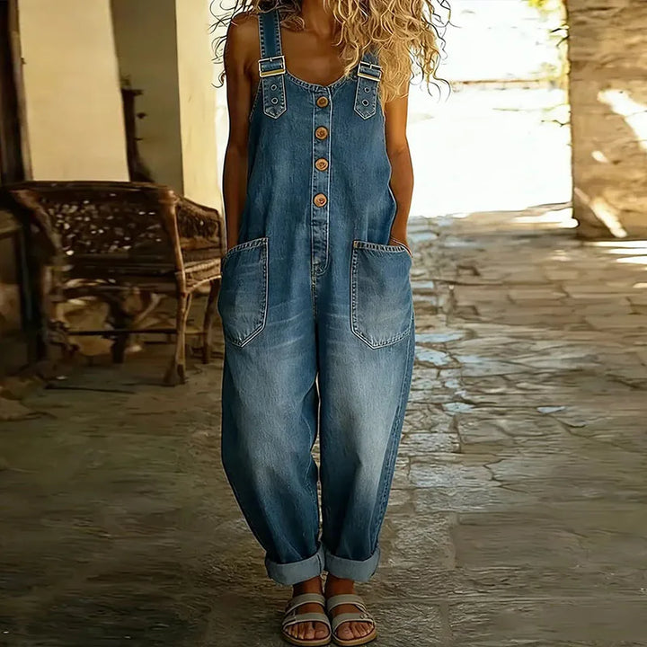 Mae | Vintage Soft Cotton Denim-Look Overalls mit verstellbaren Trägern
