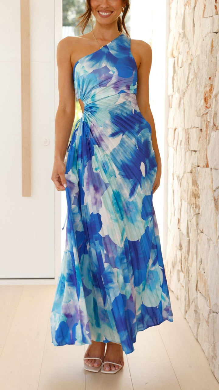 Blaues, schulterfreies, langes Kleid mit Blumenmuster und Faltenrock