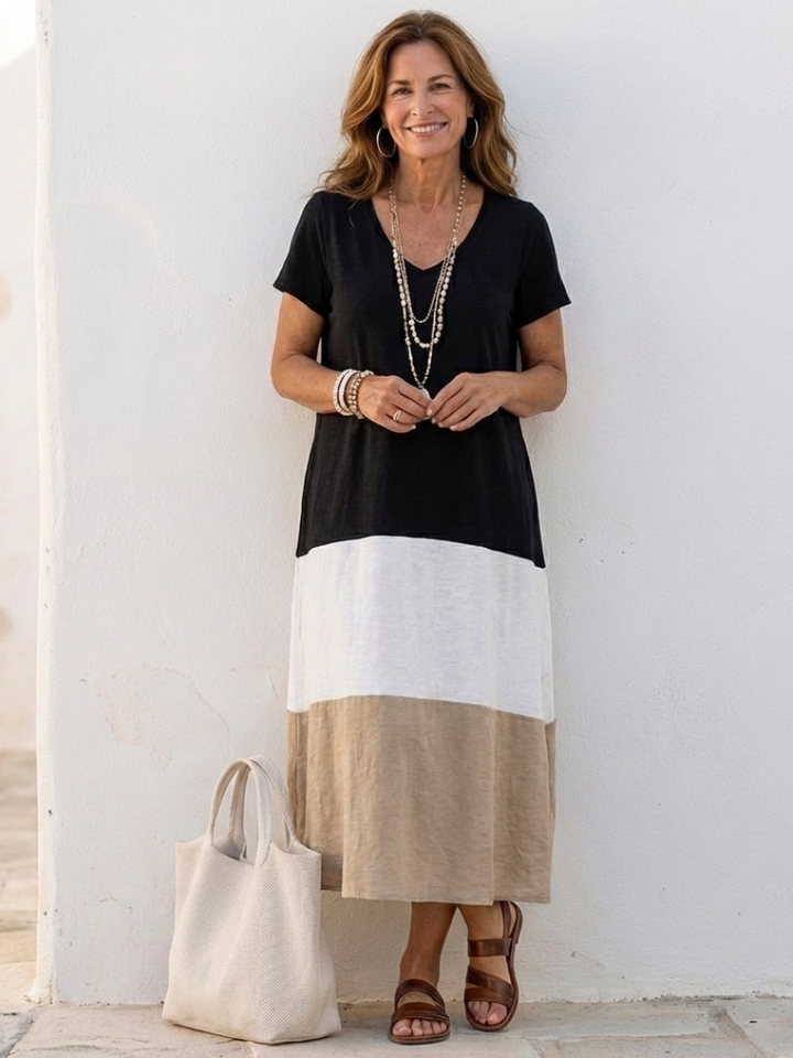 Thalia | Kurzärmeliges Midikleid mit V-Ausschnitt und Farbblock
