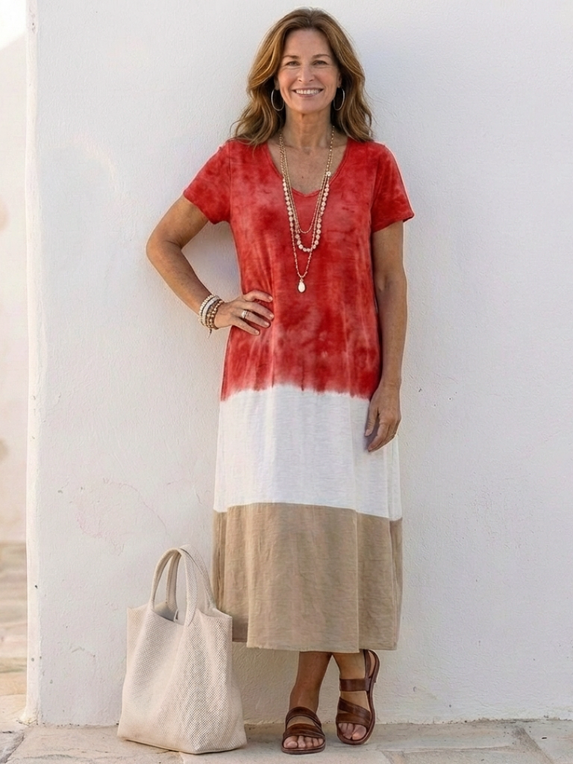 Thalia | Kurzärmeliges Midikleid mit V-Ausschnitt und Farbblock