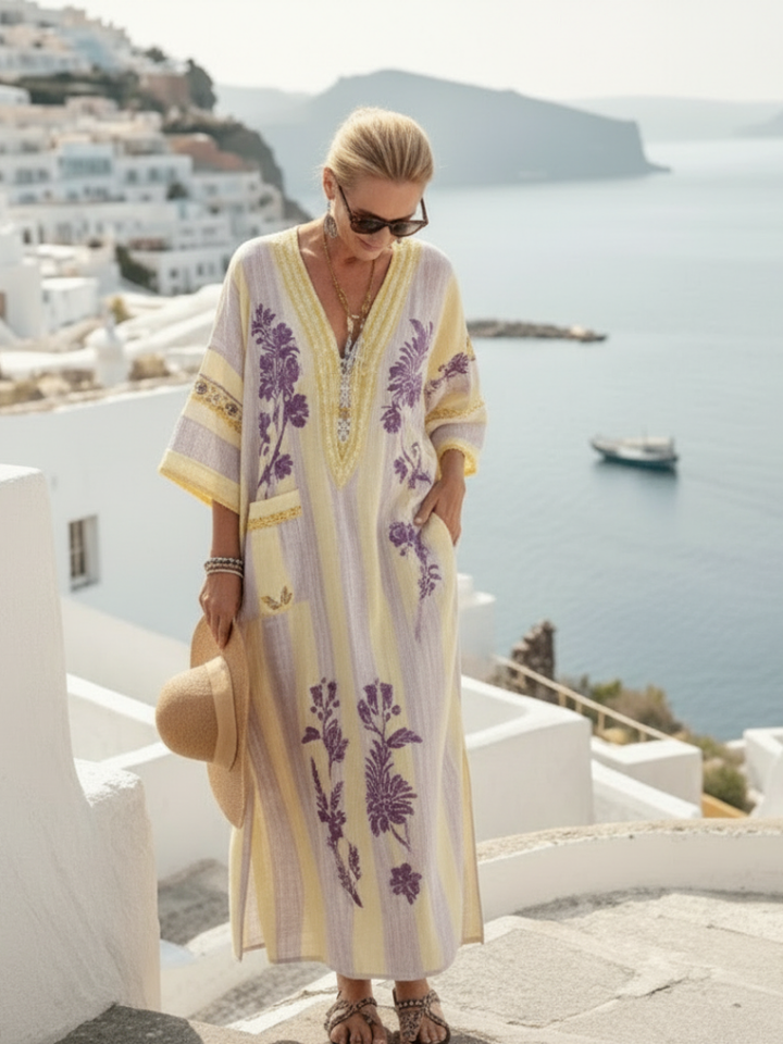 Aurelia | V-Ausschnitt Halbe Ärmel Gestreiftes Florales Maxikleid