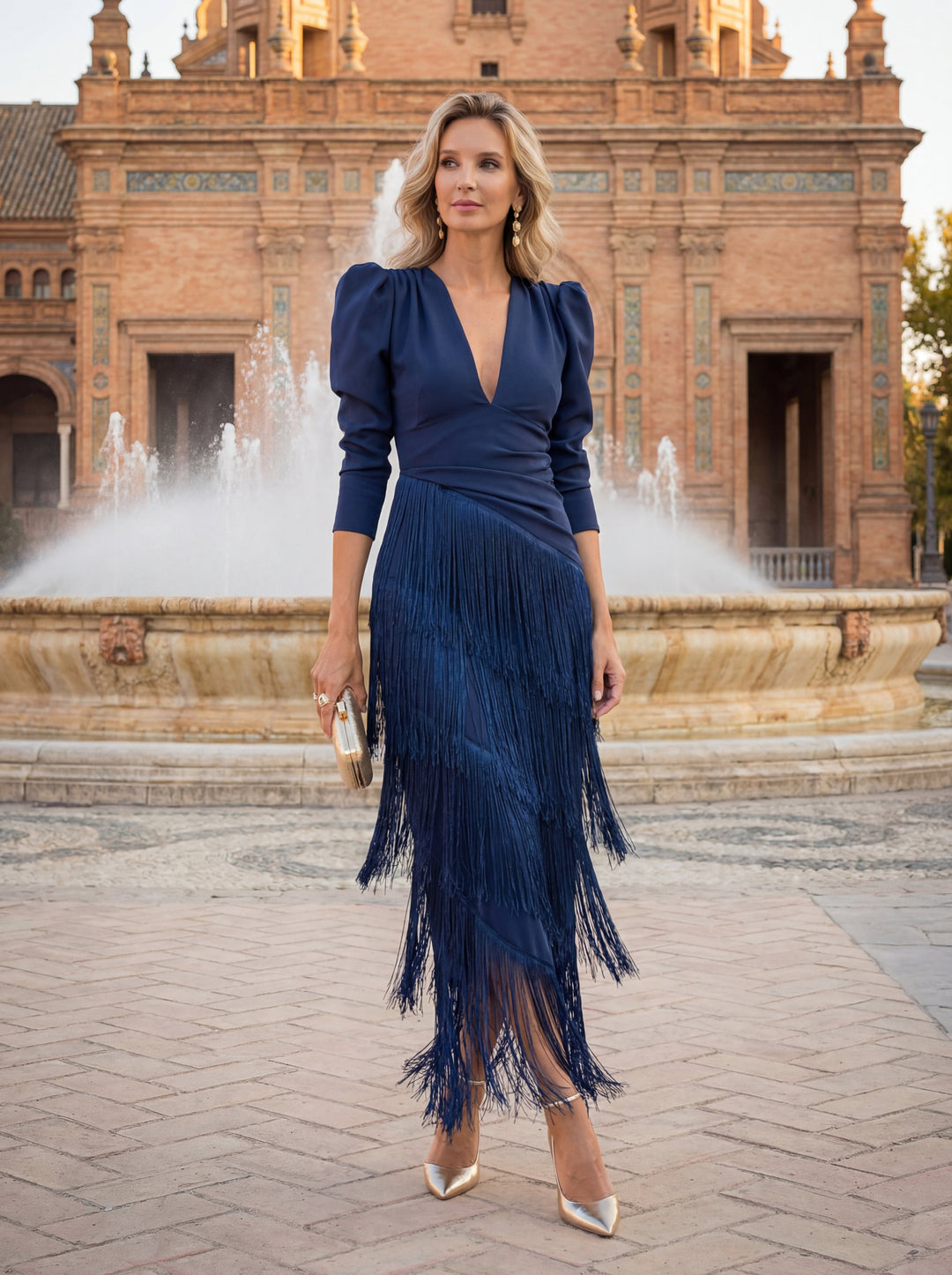 Francesca – Elegantes Kleid mit Fransen in Salbeigrün