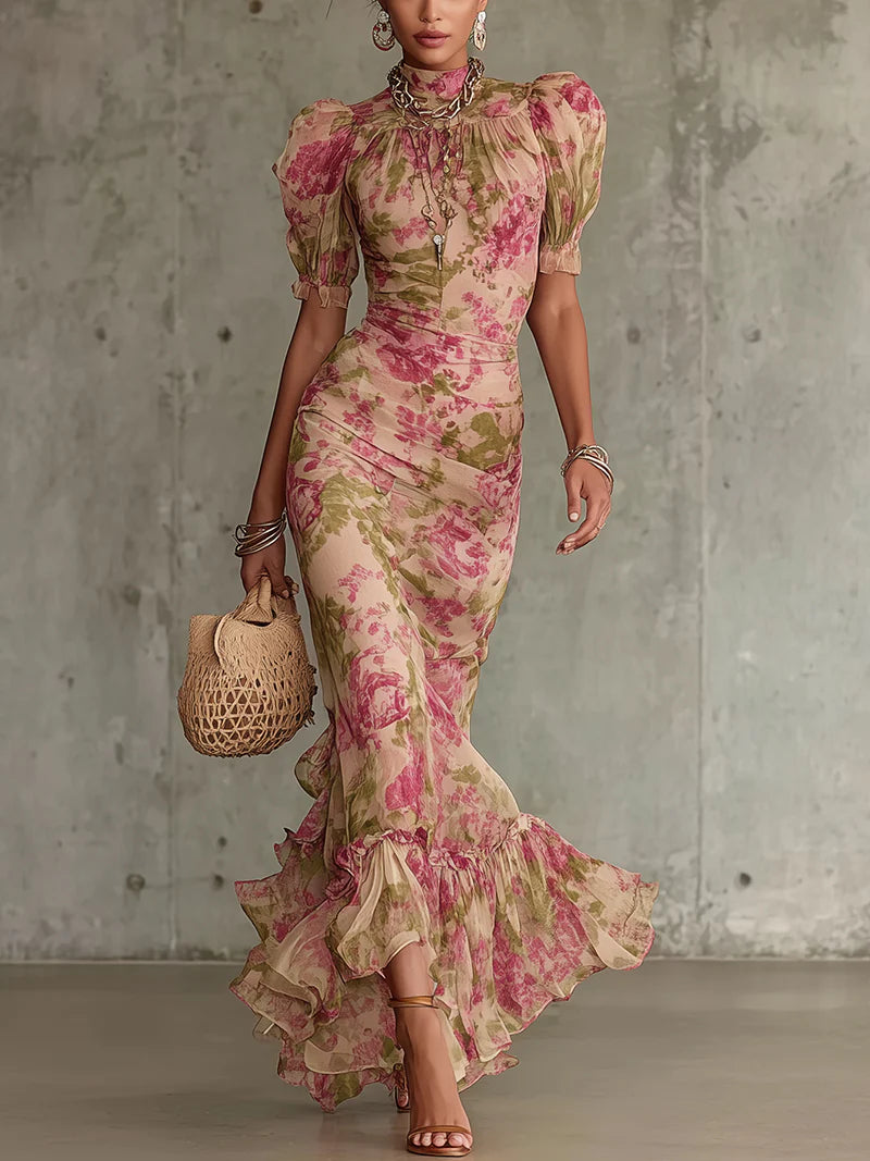 Mae | Maxikleid mit Ballonärmeln im Vintage-Rosendruck