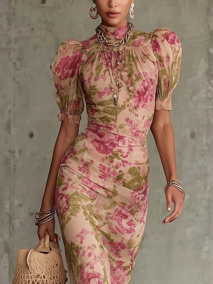 Mae | Maxikleid mit Ballonärmeln im Vintage-Rosendruck