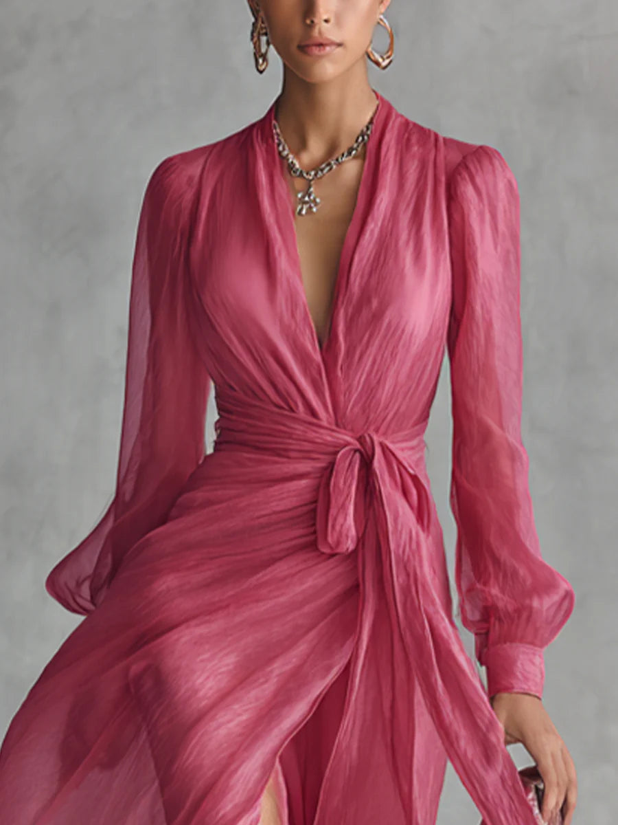 Beatrice | Elegantes langes Kleid aus Chiffon mit V-Ausschnitt und Bindegürtel