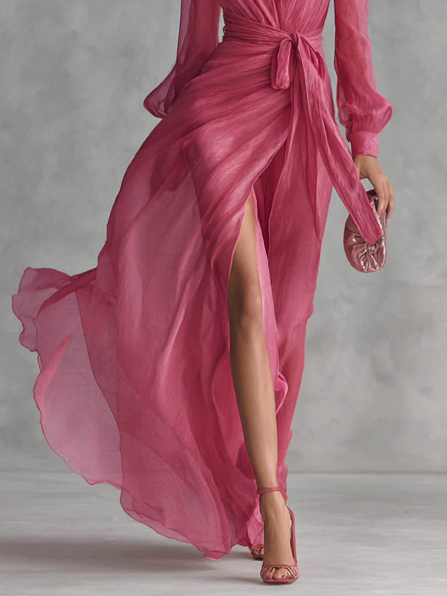 Beatrice | Elegantes langes Kleid aus Chiffon mit V-Ausschnitt und Bindegürtel