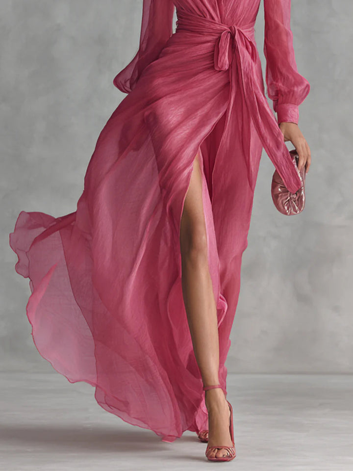 Beatrice | Elegantes langes Kleid aus Chiffon mit V-Ausschnitt und Bindegürtel