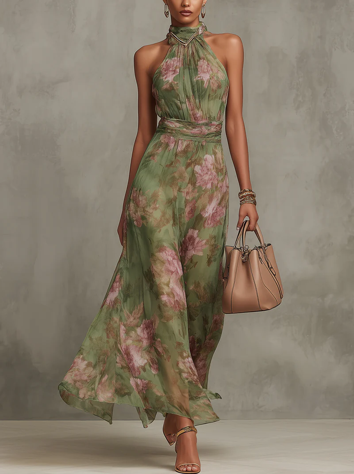 Firenze | Grünes Maxikleid aus floralem Chiffon mit Neckholder-Ausschnitt