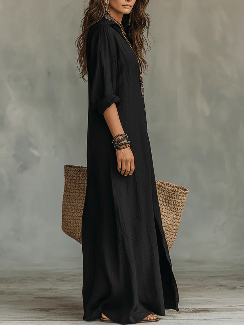 Alessia – Weiches, schwarzes Maxikleid mit Knöpfen