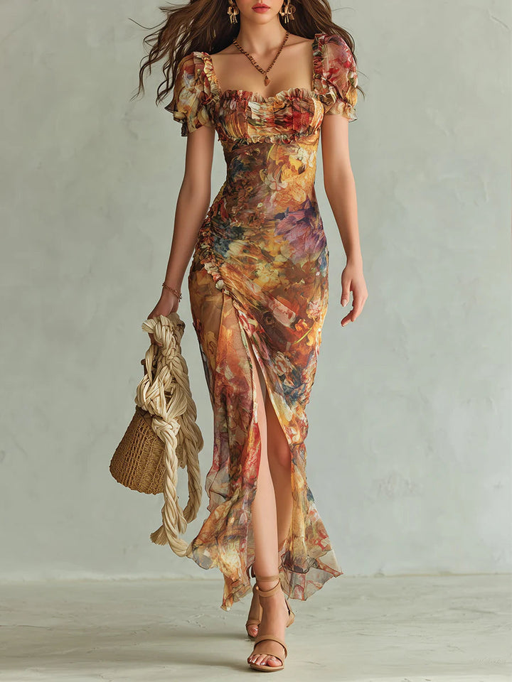 Lila - Langes orangefarbenes Chiffonkleid mit Ölprint im Bohème-Stil