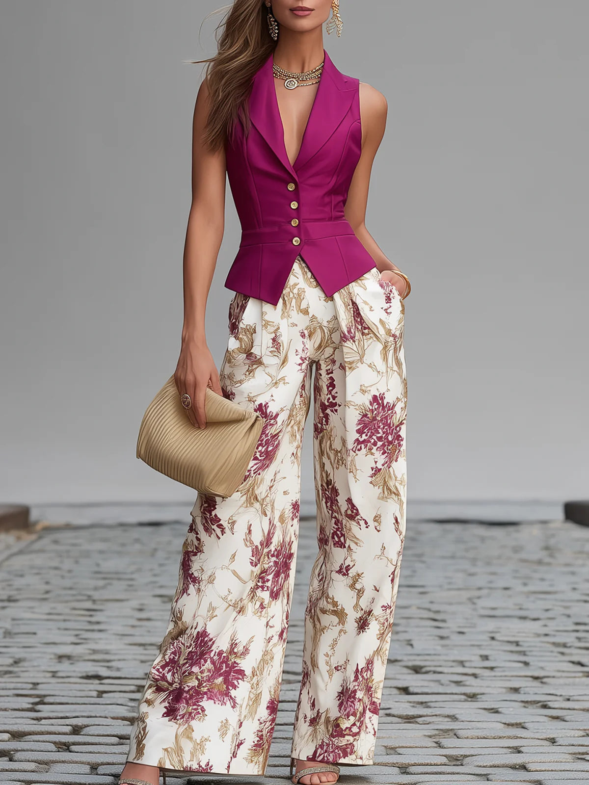 Beatrix™ | Tailliertes Westen-Set mit floraler Hose