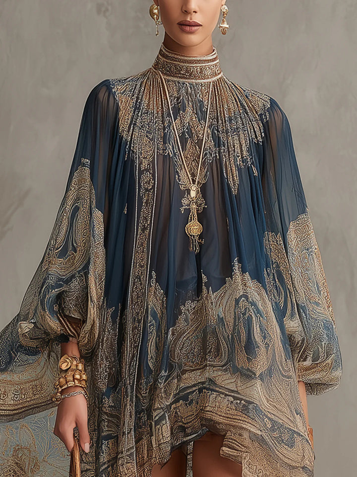 Marineblaues Minikleid mit unregelmäßigem Chiffonausschnitt und Barockdruck