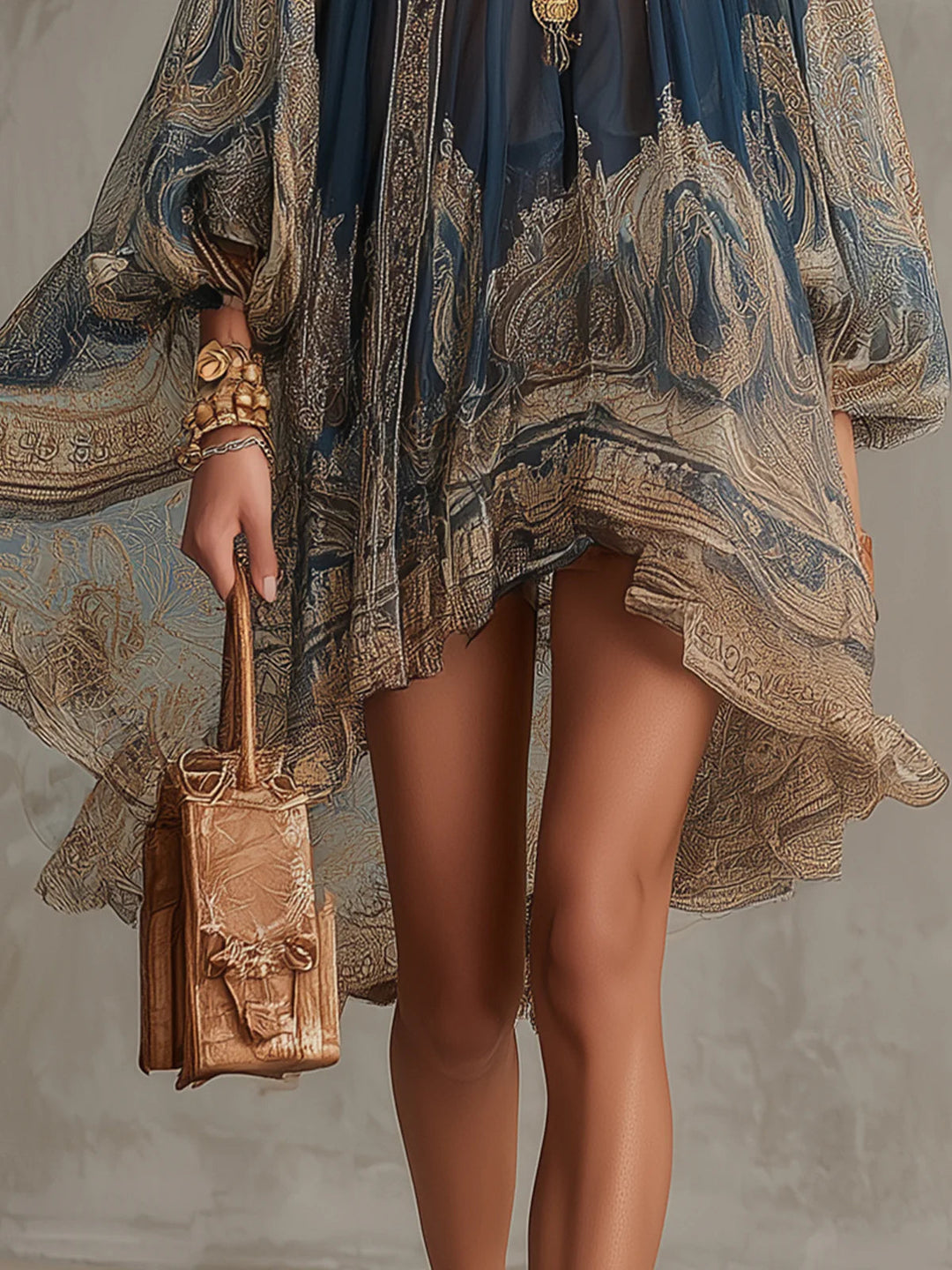 Marineblaues Minikleid mit unregelmäßigem Chiffonausschnitt und Barockdruck
