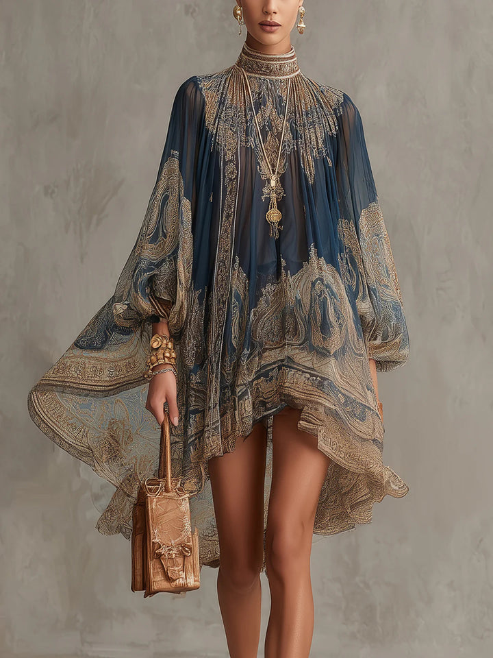 Marineblaues Minikleid mit unregelmäßigem Chiffonausschnitt und Barockdruck