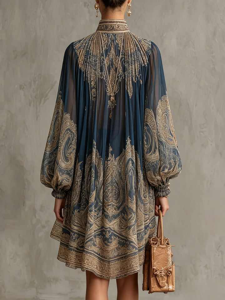 Marineblaues Minikleid mit unregelmäßigem Chiffonausschnitt und Barockdruck