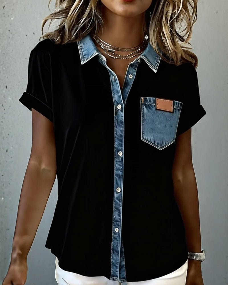 Denim Patchwork T-Shirt mit Aufschlägen