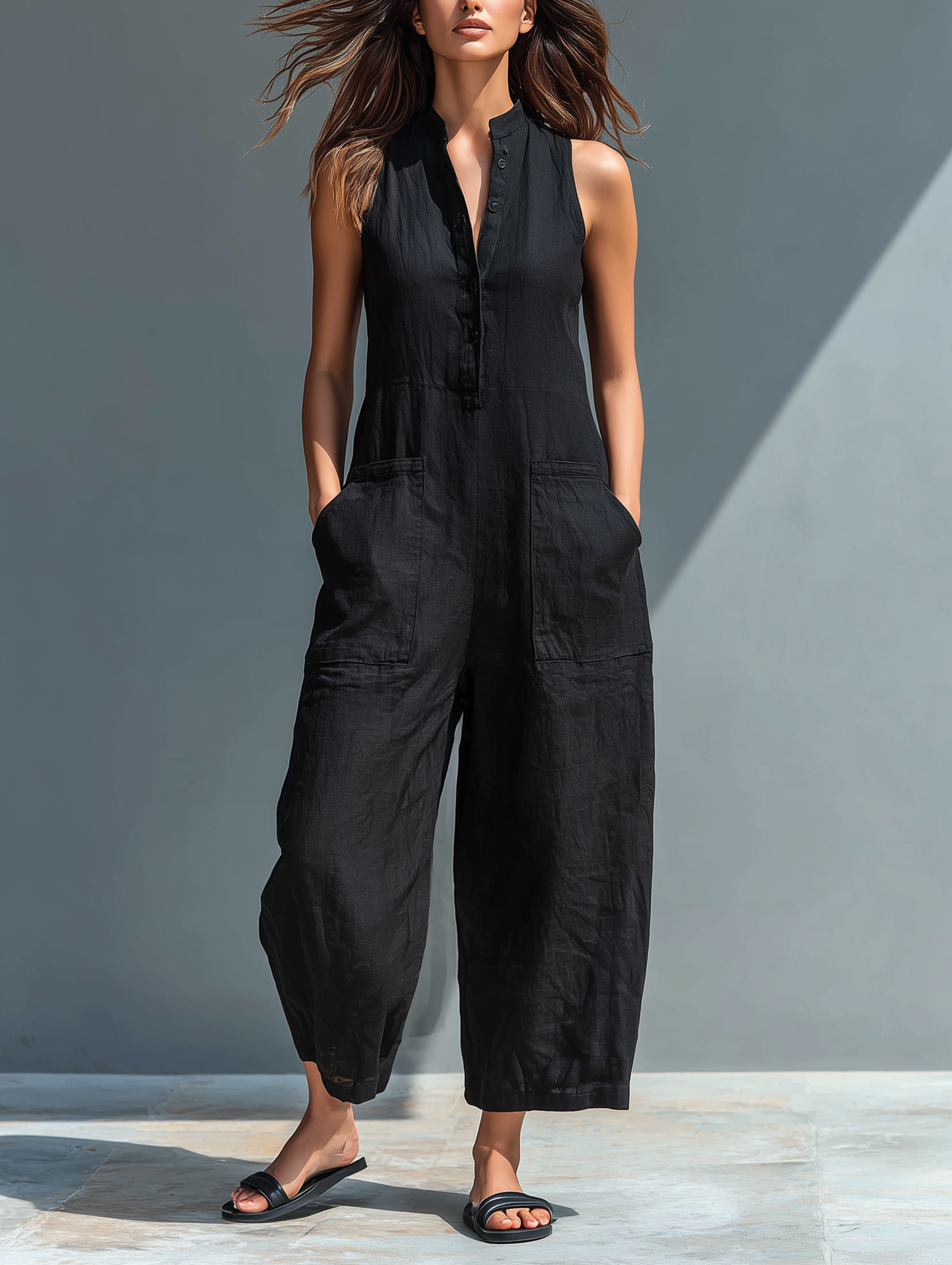 Ärmelloser Jumpsuit für Damen mit hohem Kragen und Knöpfen