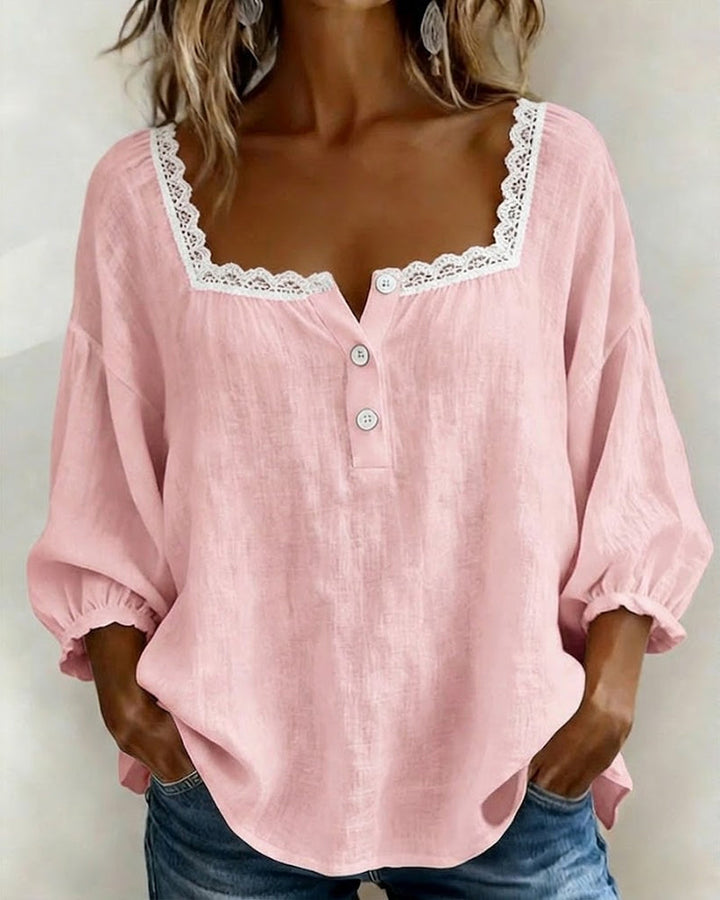 Bluse mit quadratischem Spitzenausschnitt und Puffärmeln
