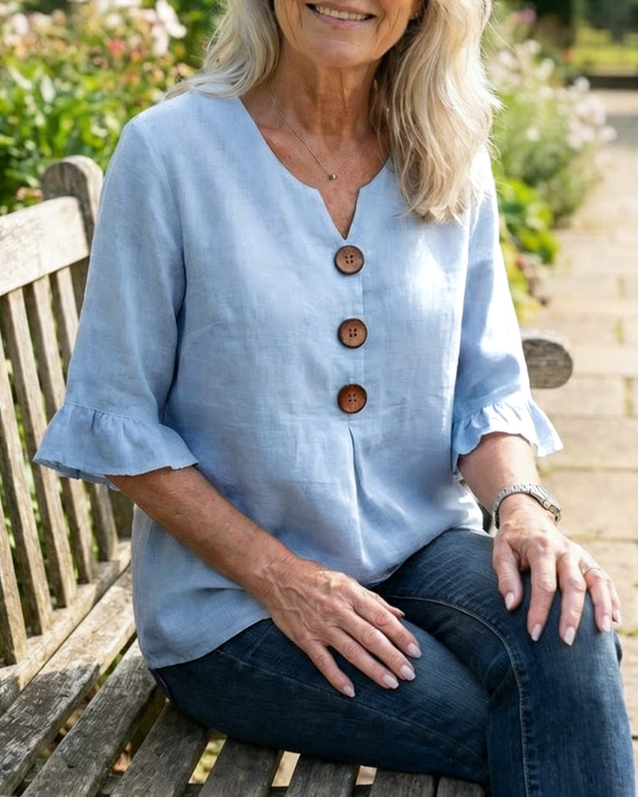 Sophia – Einfarbige Baumwoll-Leinen-Bluse mit Holzknöpfen und Volants