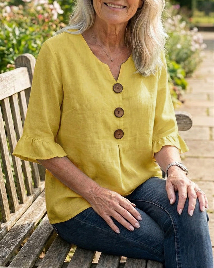 Sophia – Einfarbige Baumwoll-Leinen-Bluse mit Holzknöpfen und Volants
