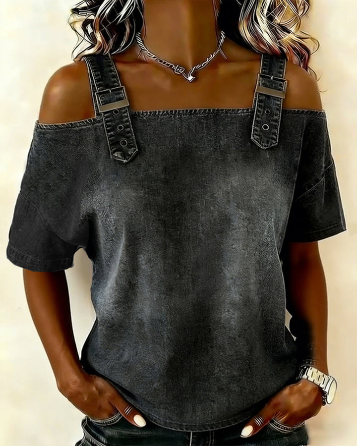 Schulterfreie Bluse aus Denim mit Hosenträgern